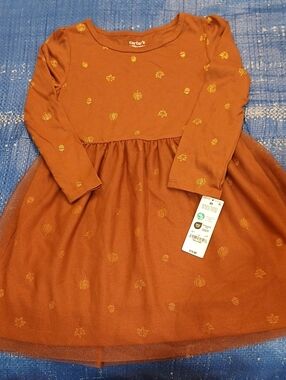 Carter's Rust Orange Long-Sleeve Tulle Dress with Gold Accents
